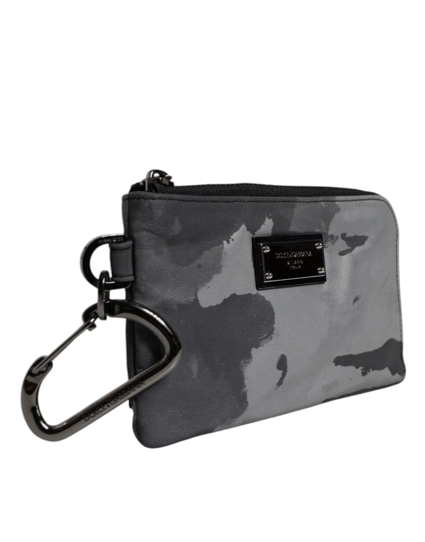 Dolce &amp; Gabbana – Schwarz-graue Camouflage-Tasche mit Logo-Plakette und Schlüsselring