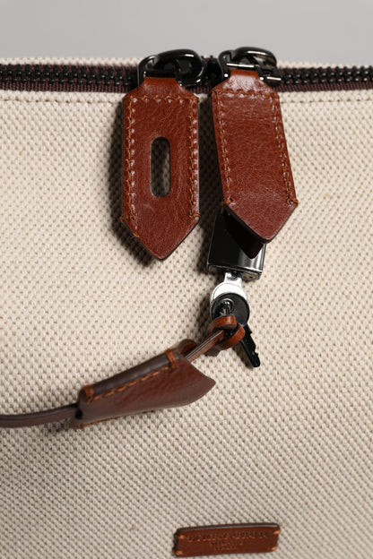 Dolce & Gabbana Beige Brown Cotton Leather Duffle Shoulder Bag