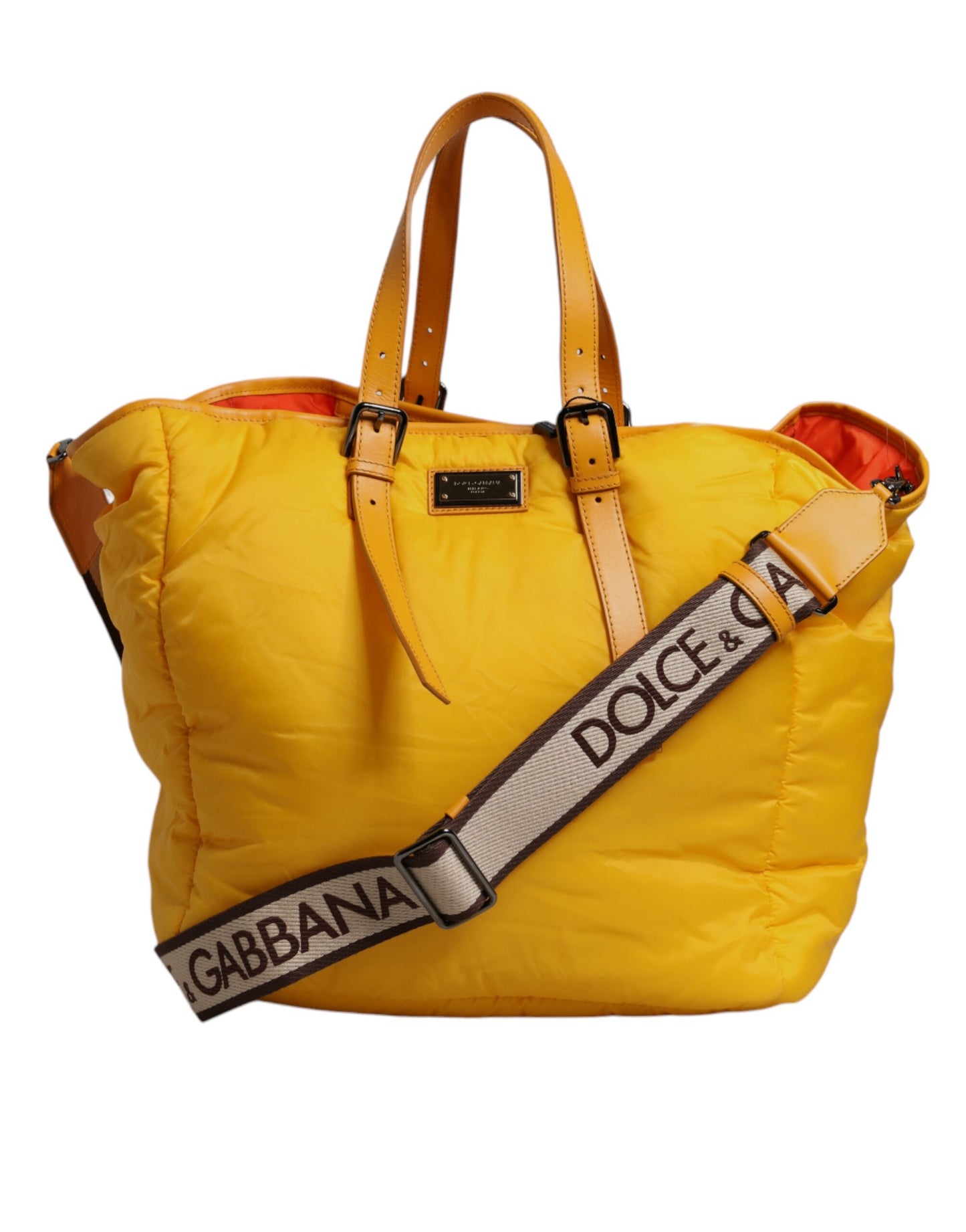 Dolce &amp; Gabbana – Gelb-orangefarbene Nylon-Hand-/Schultertasche mit Logo-Plakette