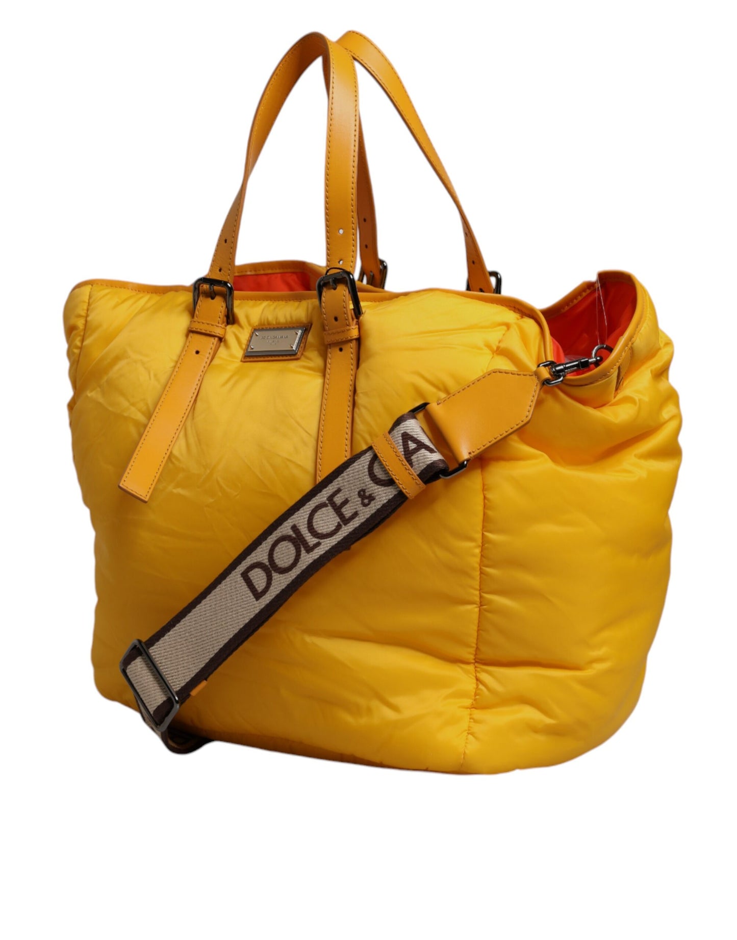 Dolce &amp; Gabbana – Gelb-orangefarbene Nylon-Hand-/Schultertasche mit Logo-Plakette