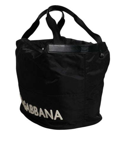 Dolce &amp; Gabbana – Schultertasche aus schwarzem Nylon mit weißem ikonischem Logo
