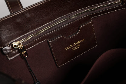 Dolce &amp; Gabbana – Tragetasche aus braunem Leder mit Leopardenmuster und Schulterriemen