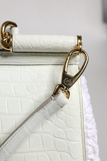 Dolce &amp; Gabbana – Umhängetasche aus weißem Rafia-Leder mit Henkel