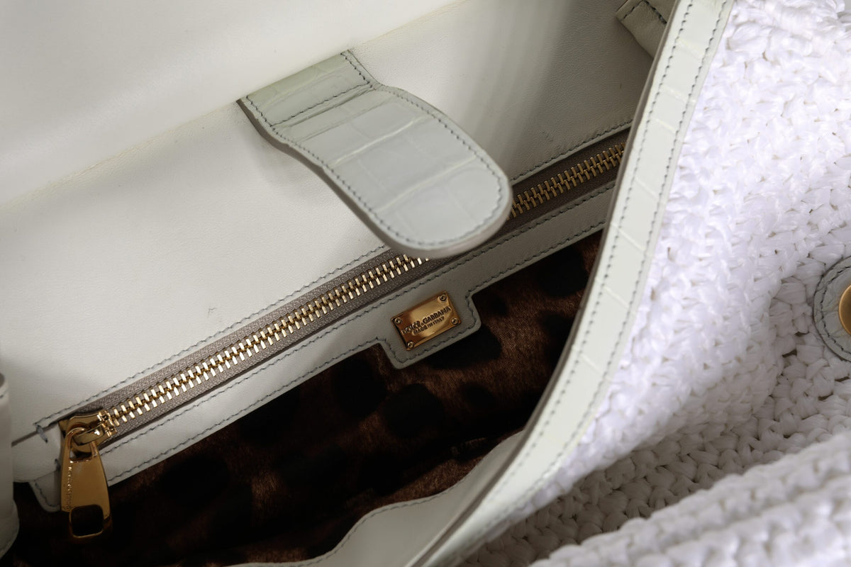 Dolce &amp; Gabbana – Umhängetasche aus weißem Rafia-Leder mit Henkel