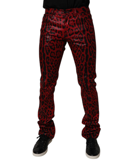 Dolce & Gabbana Red Leopard Cotton Slim Fit Denim Jeans