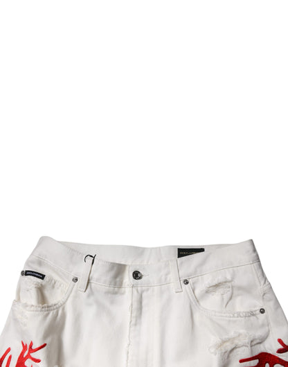 Dolce & Gabbana White Corals Tattered Straight Denim Jeans