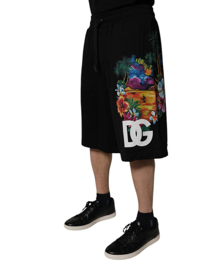 Dolce &amp; Gabbana – Schwarze Bermudashorts aus Baumwolle mit Logo und Blumendruck