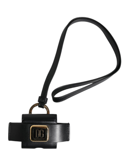 Dolce &amp; Gabbana – Airpods-Hülle mit schwarzem Lederarmband und goldenem Metall-Logo
