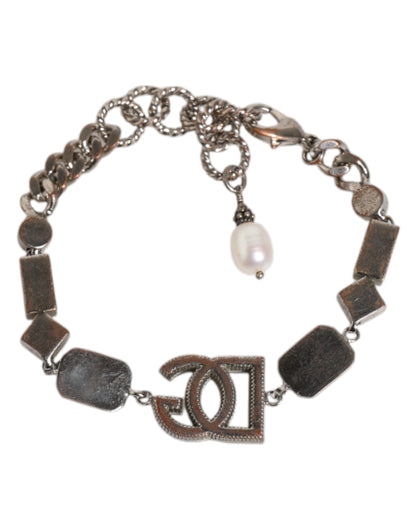 Dolce & Gabbana Silver Brass Crystal DG Logo Charm Embellished Bracelet