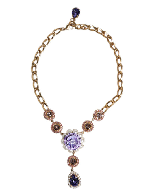 Dolce & Gabbana Gold Brass Floral Crystals Pearl Embellished Necklace