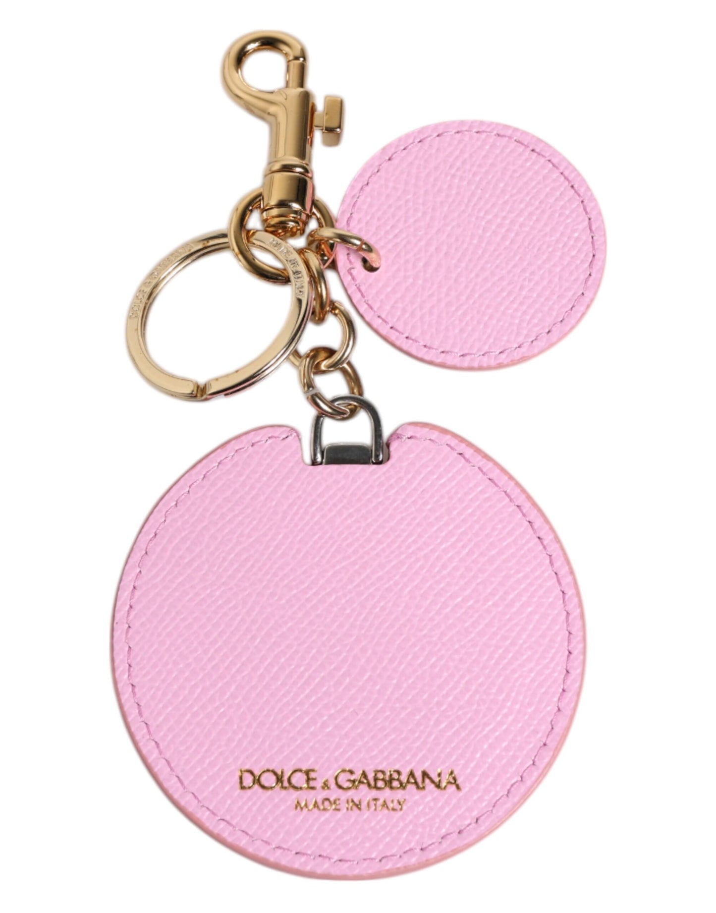 Dolce & Gabbana Pink Calf Leather Gold Metal Logo Print Keyring Keychain