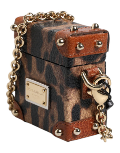 Dolce &amp; Gabbana – Airpods-Hülle mit braunem Leoparden-Logo aus Metall und goldener Kette