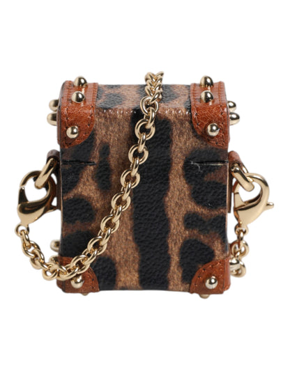 Dolce &amp; Gabbana – Airpods-Hülle mit braunem Leoparden-Logo aus Metall und goldener Kette