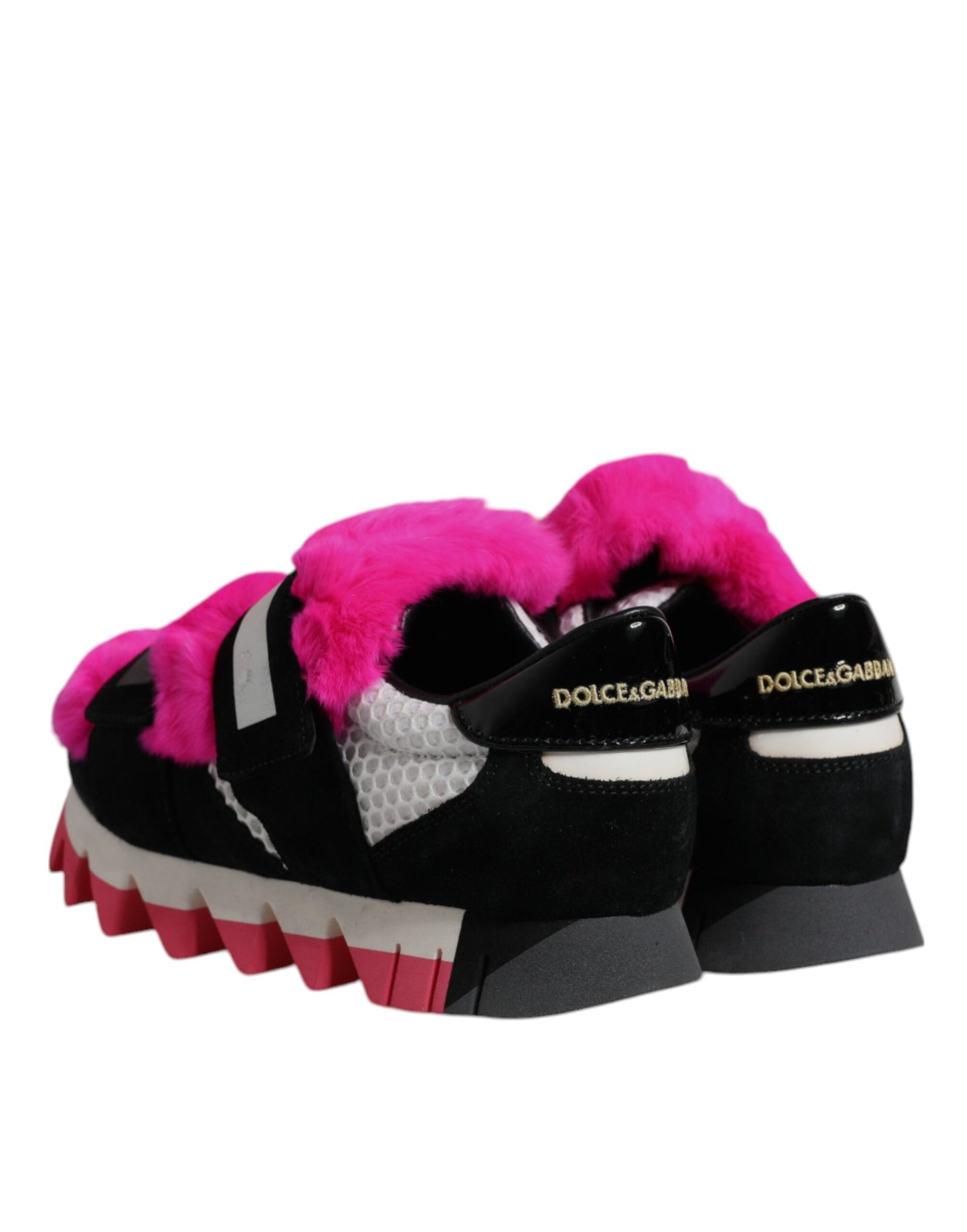 Dolce &amp; Gabbana – Schwarze, rosa, mit Pelz verzierte Sneakers