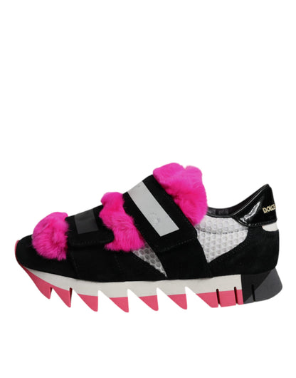 Dolce &amp; Gabbana – Schwarze, rosa, mit Pelz verzierte Sneakers