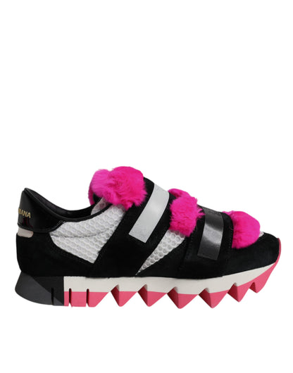 Dolce &amp; Gabbana – Schwarze, rosa, mit Pelz verzierte Sneakers
