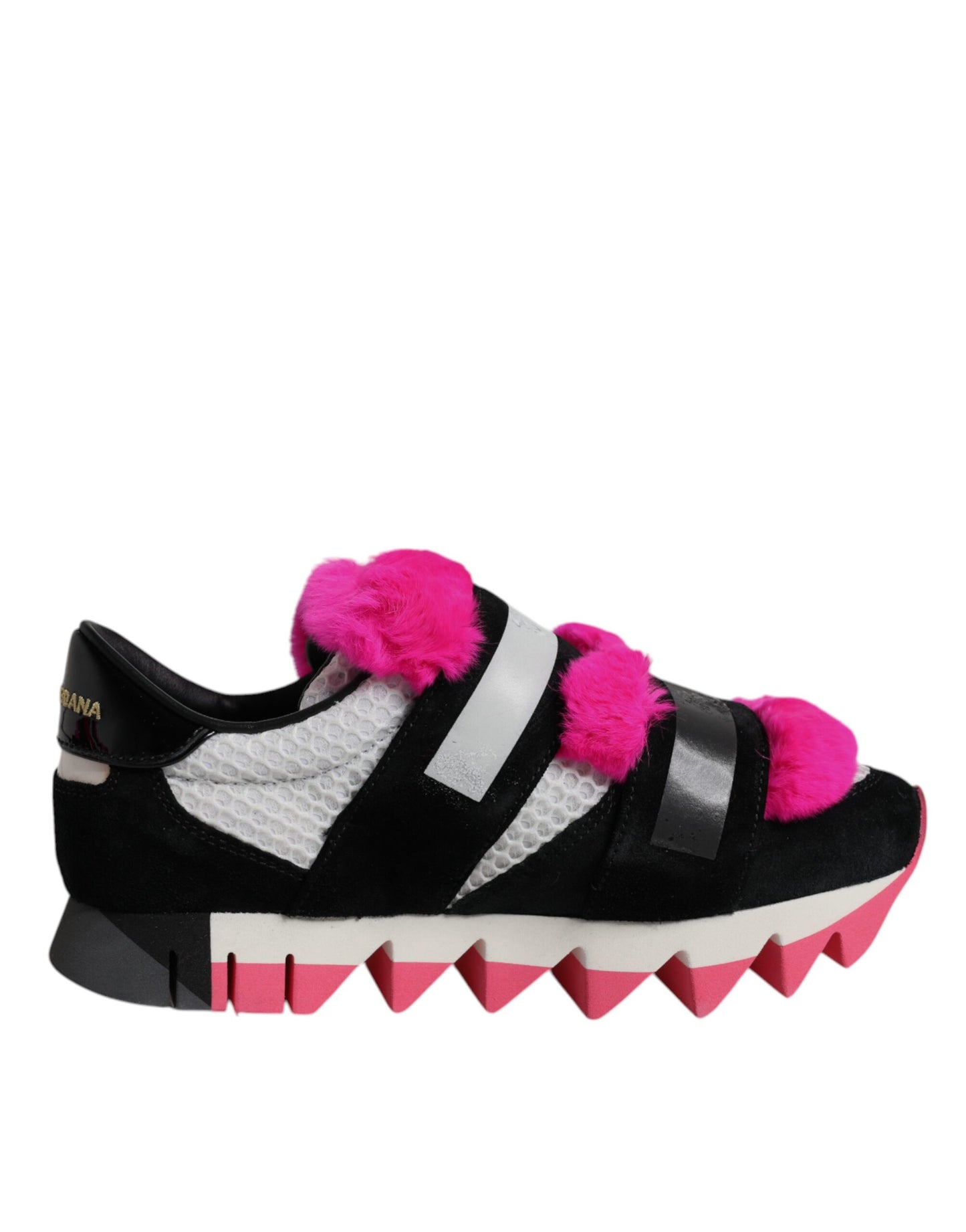Dolce &amp; Gabbana – Schwarze, rosa, mit Pelz verzierte Sneakers