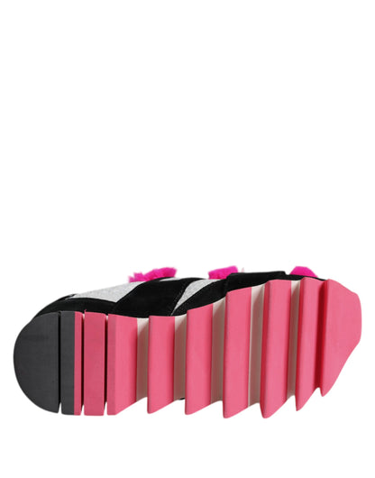 Dolce &amp; Gabbana – Schwarze, rosa, mit Pelz verzierte Sneakers