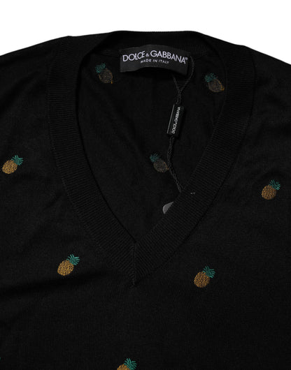 Dolce &amp; Gabbana – Schwarzer Pullover mit Rundhalsausschnitt und Ananas-Print