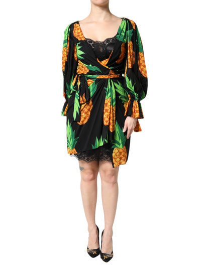 Dolce &amp; Gabbana Schwarzes Wickelkleid aus Seide mit Ananas-Drapierung