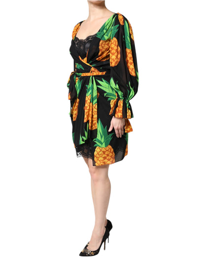 Dolce &amp; Gabbana Schwarzes Wickelkleid aus Seide mit Ananas-Drapierung