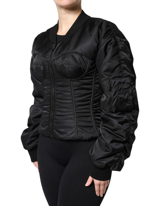 Dolce &amp; Gabbana – Schwarze Nylon-Bustier-Kordeljacke mit durchgehendem Reißverschluss