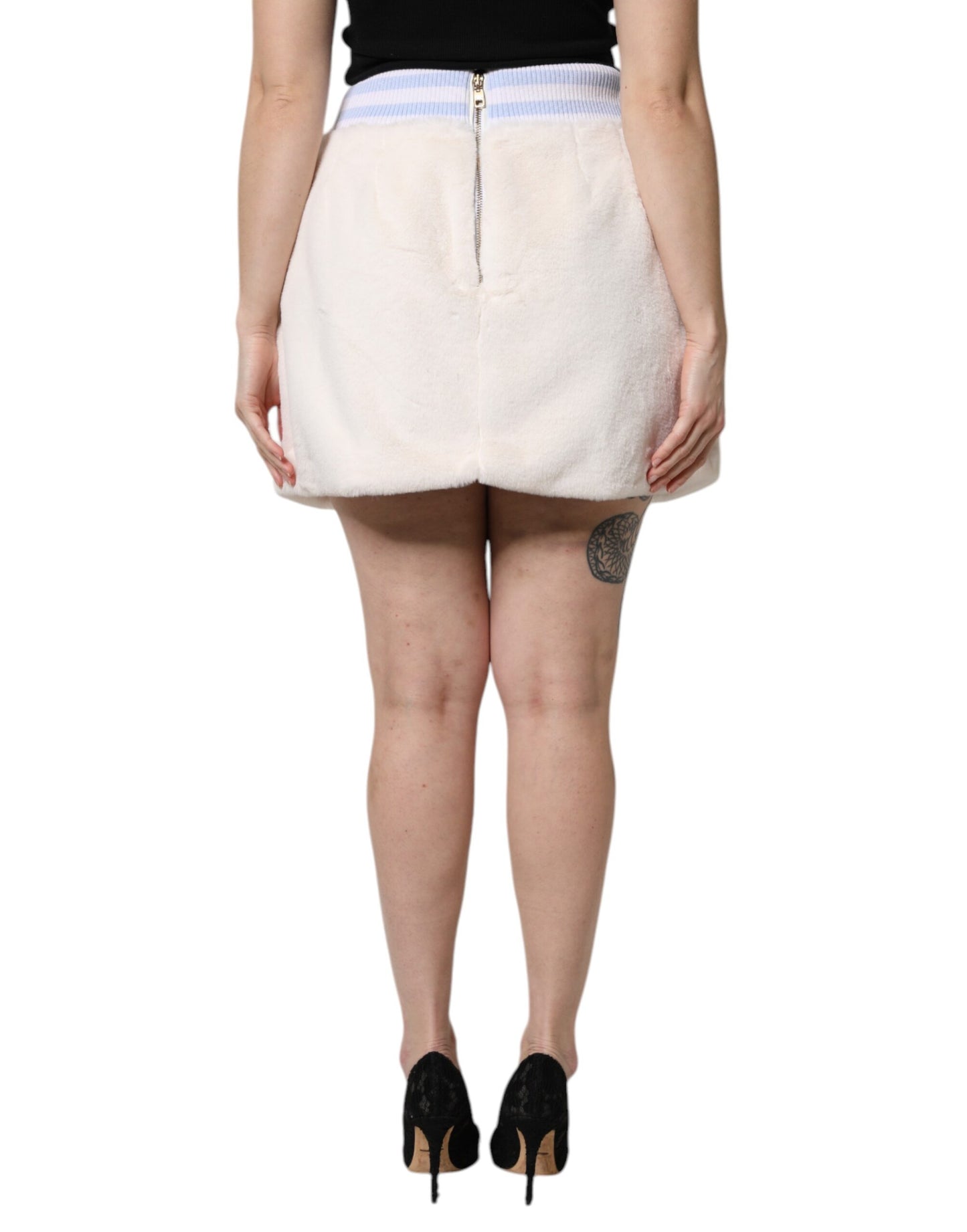 Dolce & Gabbana Off White Faux Fur High Waisted Mini Skirt