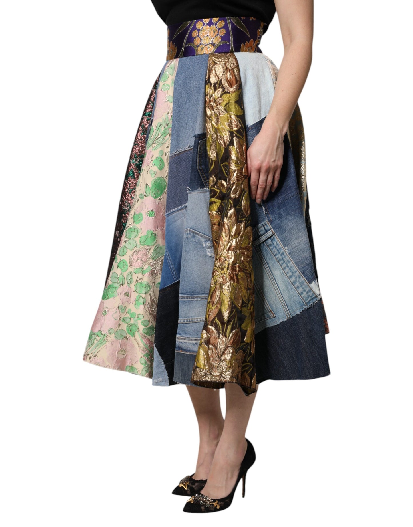 Dolce &amp; Gabbana – Mehrfarbiger Patchwork-Midirock mit hoher Taille
