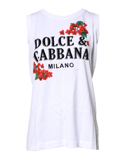 Dolce &amp; Gabbana – Weißes, ärmelloses Baumwoll-T-Shirt mit Blumendruck