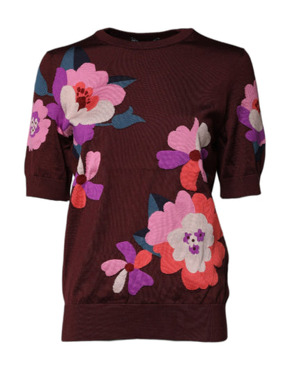Dolce &amp; Gabbana – Kastanienbraunes Blusenoberteil aus Seide mit Blumenmuster und Rundhalsausschnitt