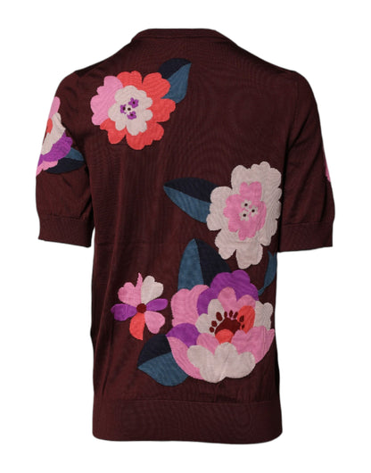 Dolce &amp; Gabbana – Kastanienbraunes Blusenoberteil aus Seide mit Blumenmuster und Rundhalsausschnitt