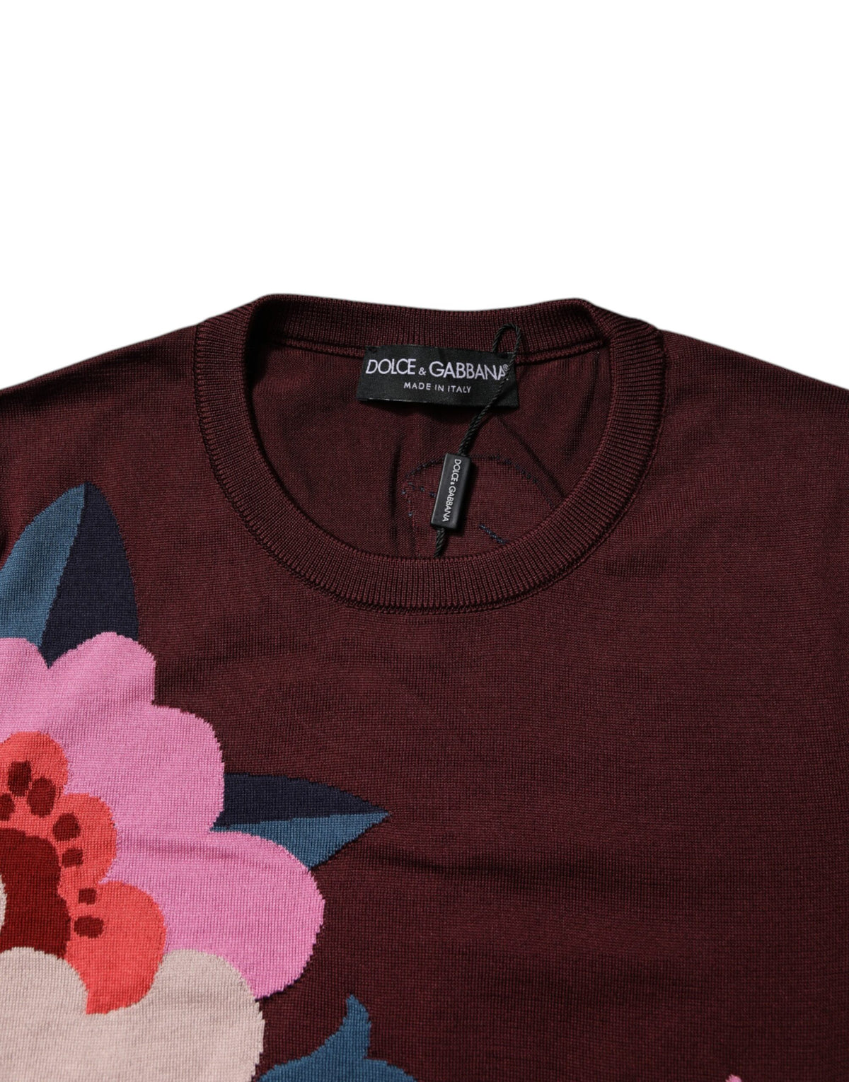 Dolce &amp; Gabbana – Kastanienbraunes Blusenoberteil aus Seide mit Blumenmuster und Rundhalsausschnitt