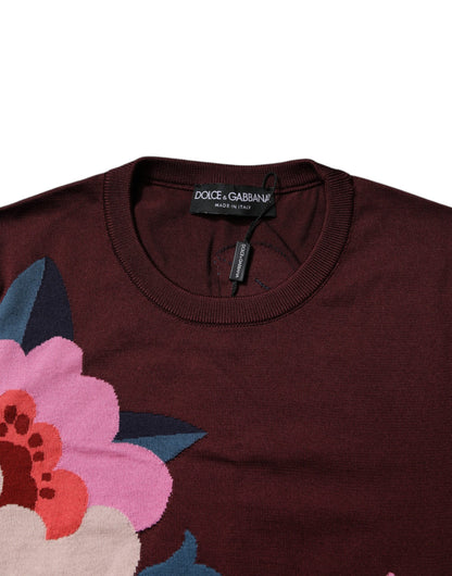 Dolce &amp; Gabbana – Kastanienbraunes Blusenoberteil aus Seide mit Blumenmuster und Rundhalsausschnitt