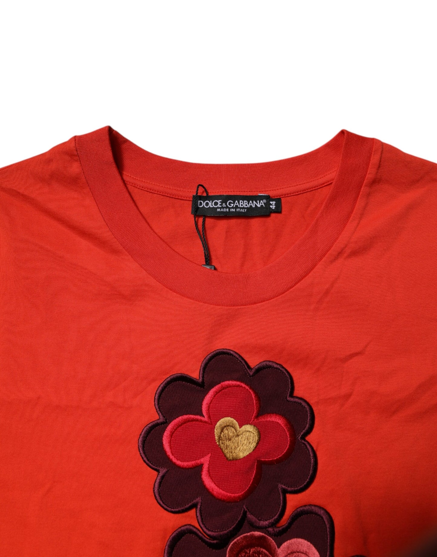 Dolce & Gabbana Red Floral Embroidery Cotton Crew Neck T-shirt