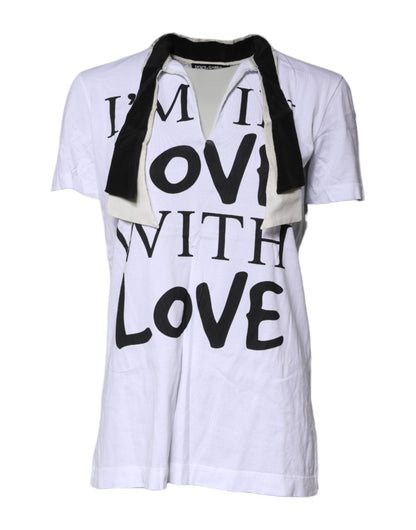 Dolce & Gabbana White Cotton Silk Blend Ascot Collar T-shirt