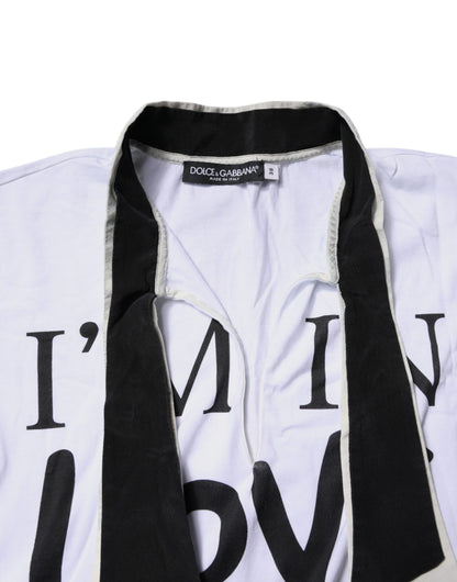 Dolce & Gabbana White Cotton Silk Blend Ascot Collar T-shirt