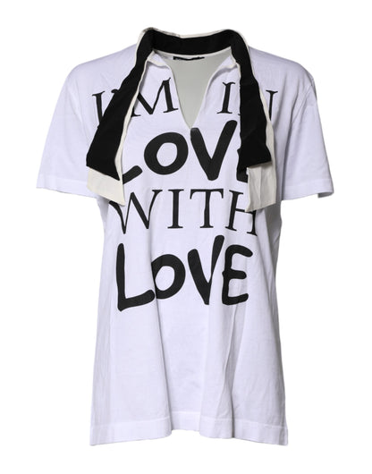 Dolce & Gabbana White Cotton Silk Blend Ascot Collar T-shirt