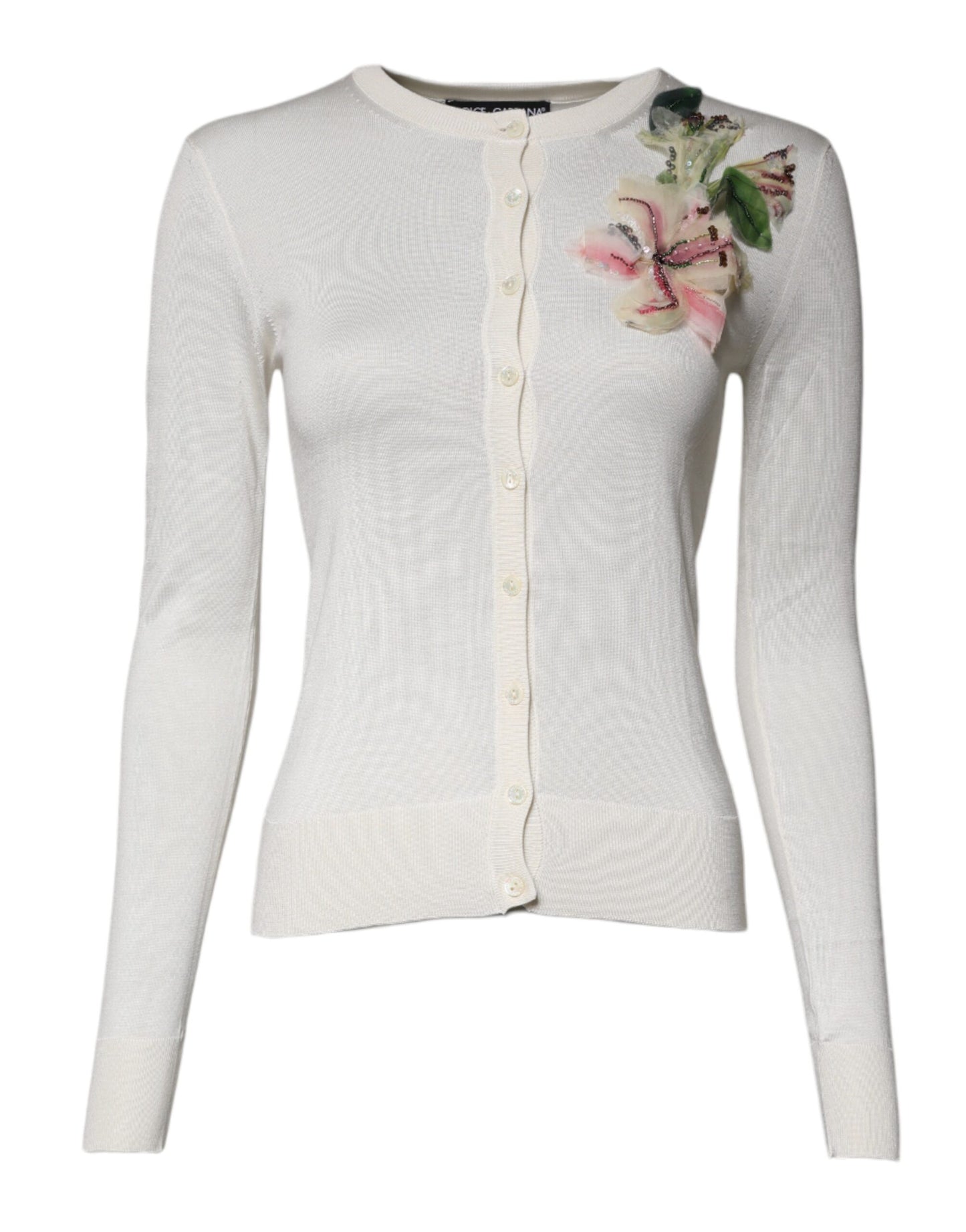 Dolce &amp; Gabbana – Cremefarbener Cardigan aus Seide mit Blumenverzierung