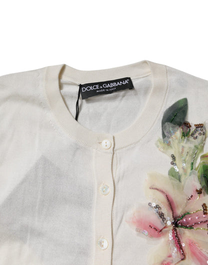 Dolce &amp; Gabbana – Cremefarbener Cardigan aus Seide mit Blumenverzierung