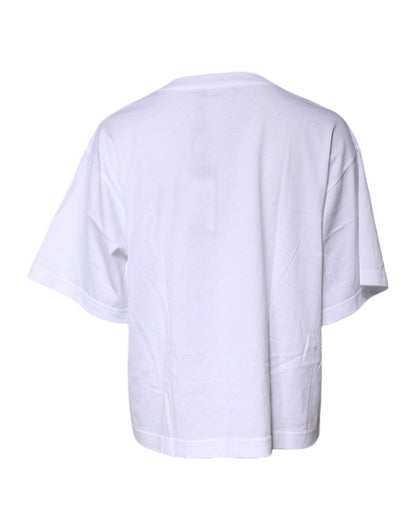 Dolce & Gabbana White Printed Round Neck Top Cotton T-shirt