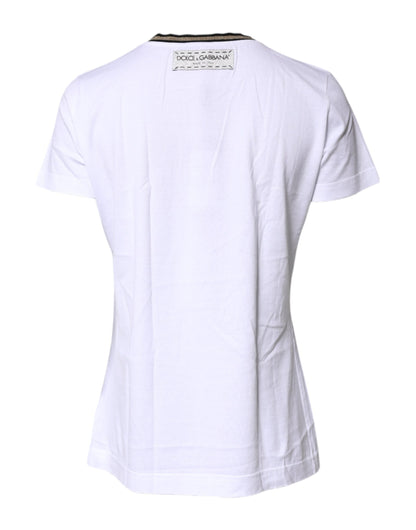 Dolce & Gabbana White Printed Round Neck Top Cotton T-shirt