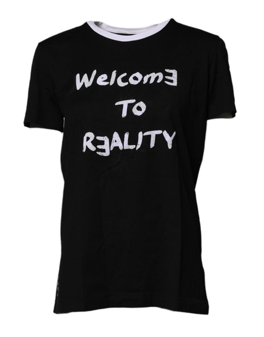 Dolce &amp; Gabbana Schwarzes bedrucktes Baumwoll-T-Shirt mit Rundhalsausschnitt