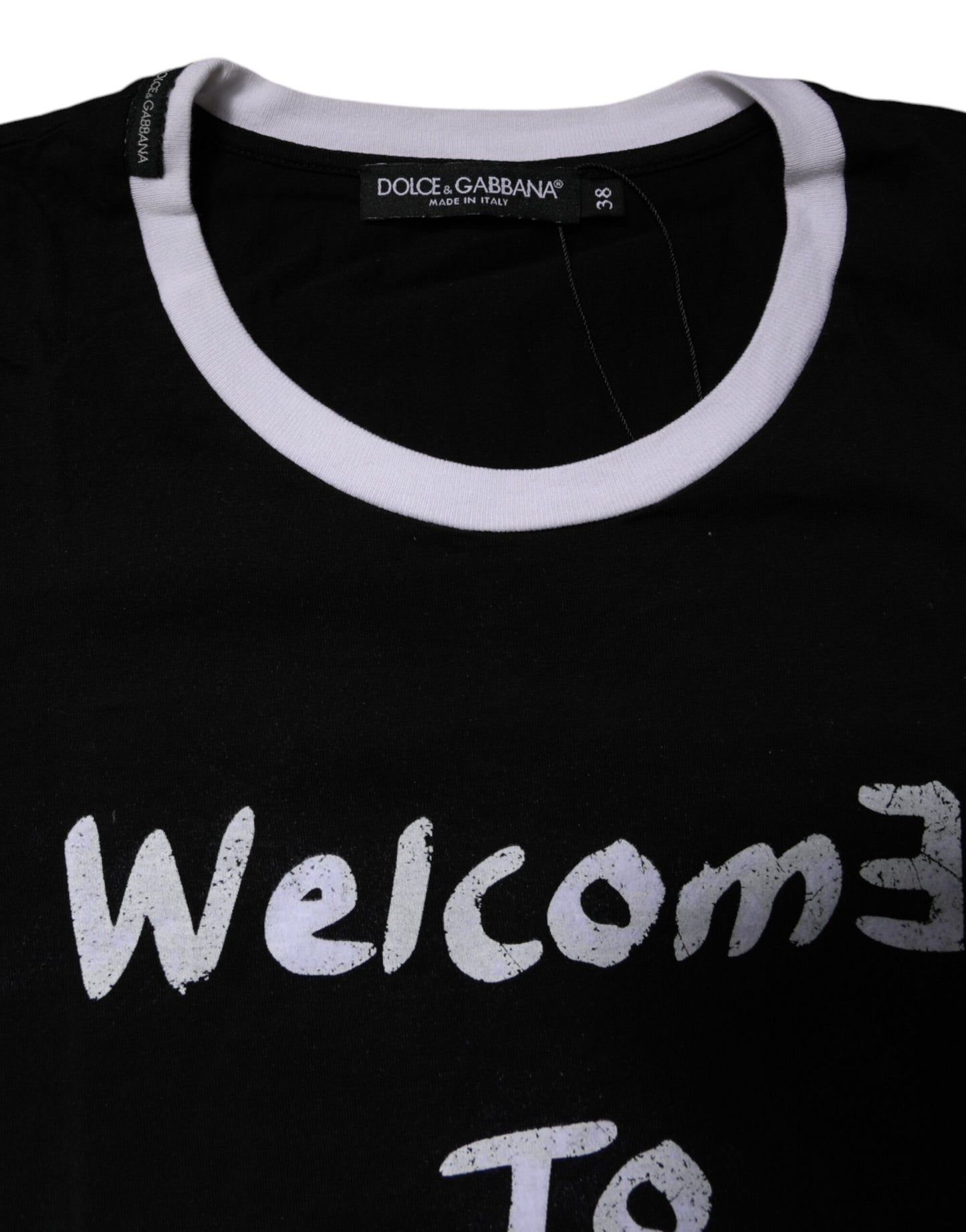 Dolce &amp; Gabbana Schwarzes bedrucktes Baumwoll-T-Shirt mit Rundhalsausschnitt