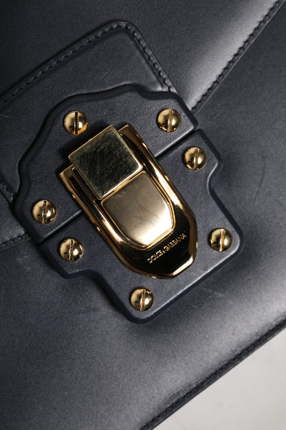 Dolce &amp; Gabbana – Umhängetasche aus schwarzem Leder mit Logo und Gold