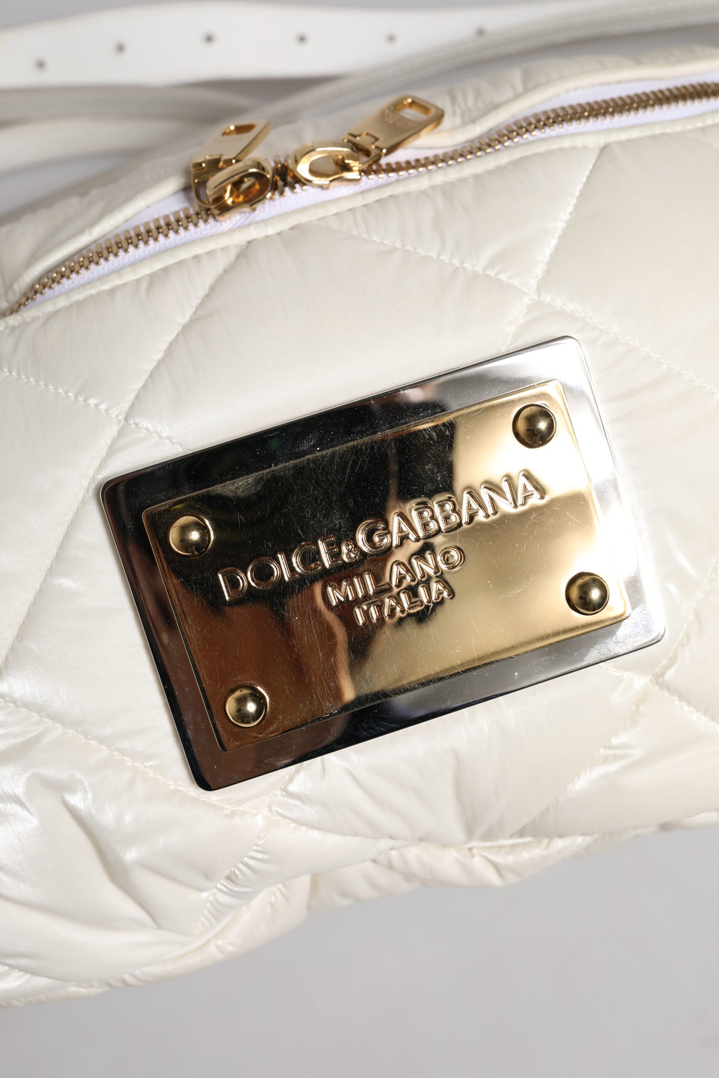Dolce & Gabbana White Quilted Logo Plaque Belt Waist Fanny Pack Bag
