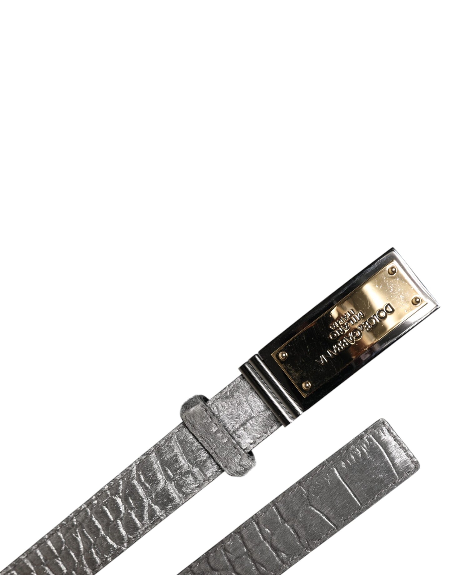 Dolce &amp; Gabbana – Klassischer Gürtel mit goldener Logo-Plakette und Schnalle in Silber