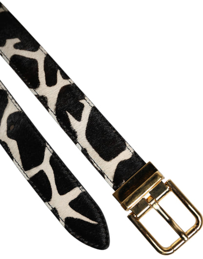 Dolce &amp; Gabbana Braun-weißer Ponyledergürtel mit Metallschnalle