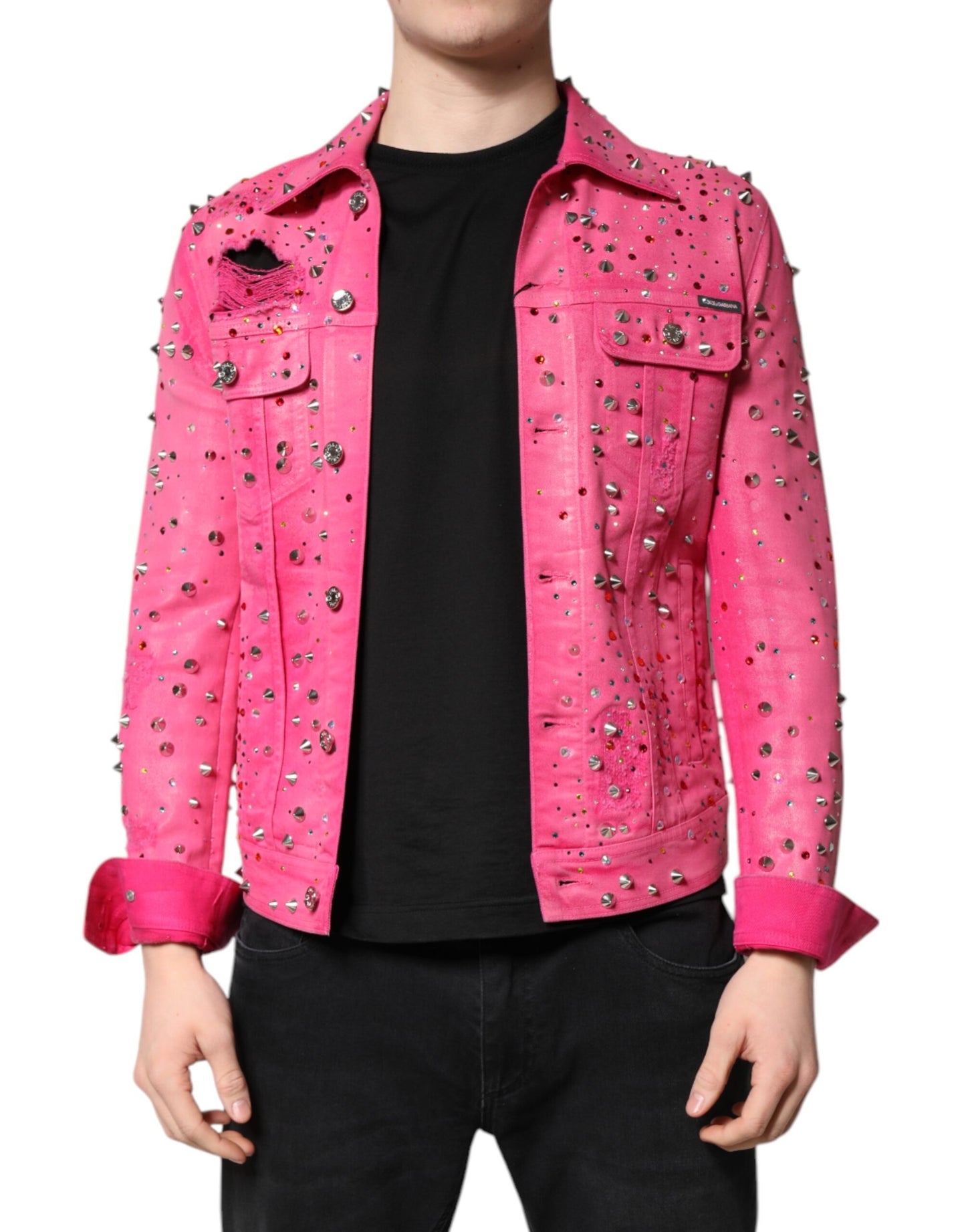 Dolce &amp; Gabbana – Jeansjacke aus Baumwolle mit rosa Kristallverzierung