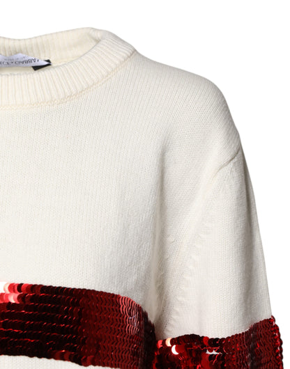 Dolce & Gabbana White Sequined Crew Neck Pullover Sweater