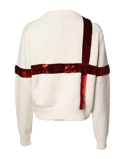 Dolce & Gabbana White Sequined Crew Neck Pullover Sweater